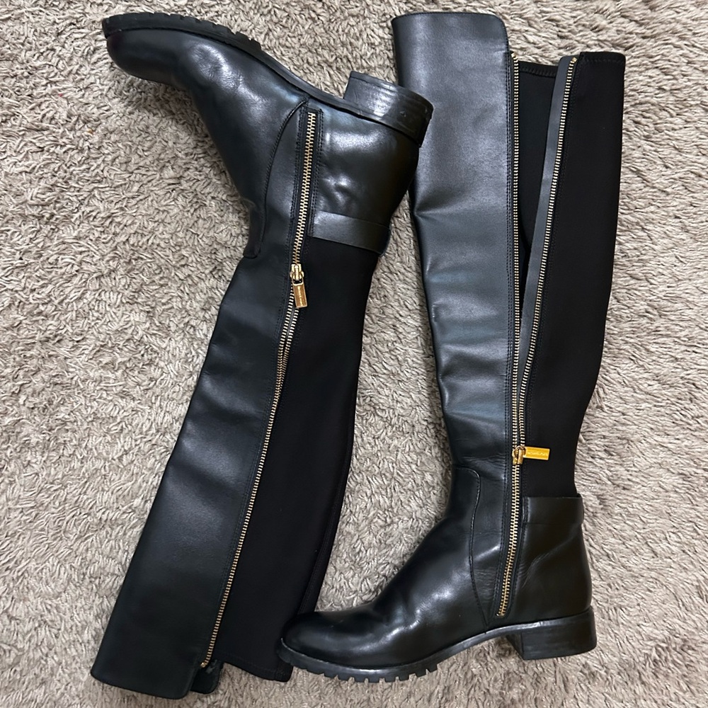 Michael Kors Black Over the Knee Boots with Gold Buckle